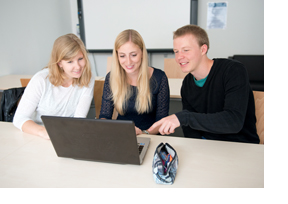 Drei Studierende diskutieren vor einem Laptop. (Foto: Hans-Martin Issler)